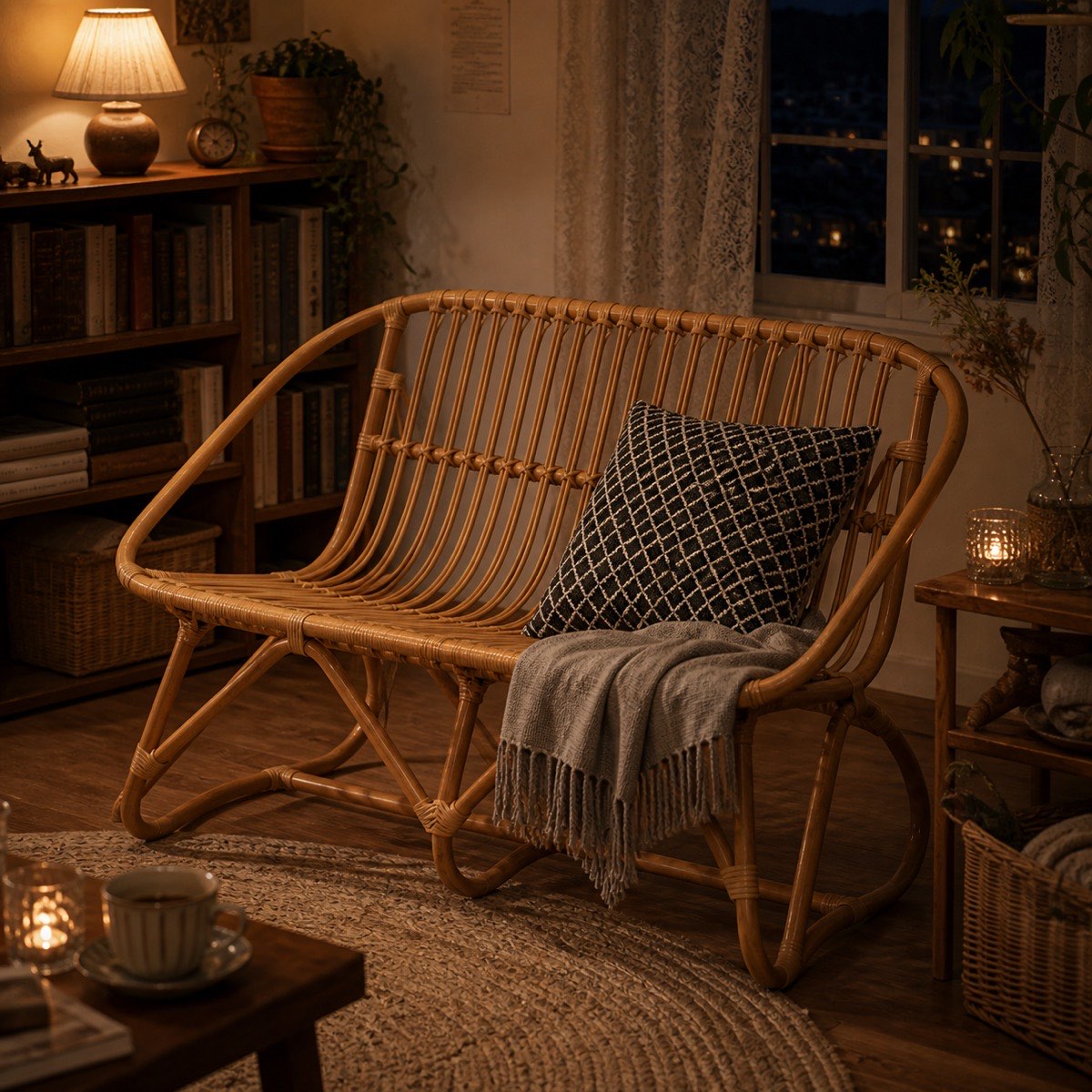 夜の部屋に置く二人掛けラタンソファ